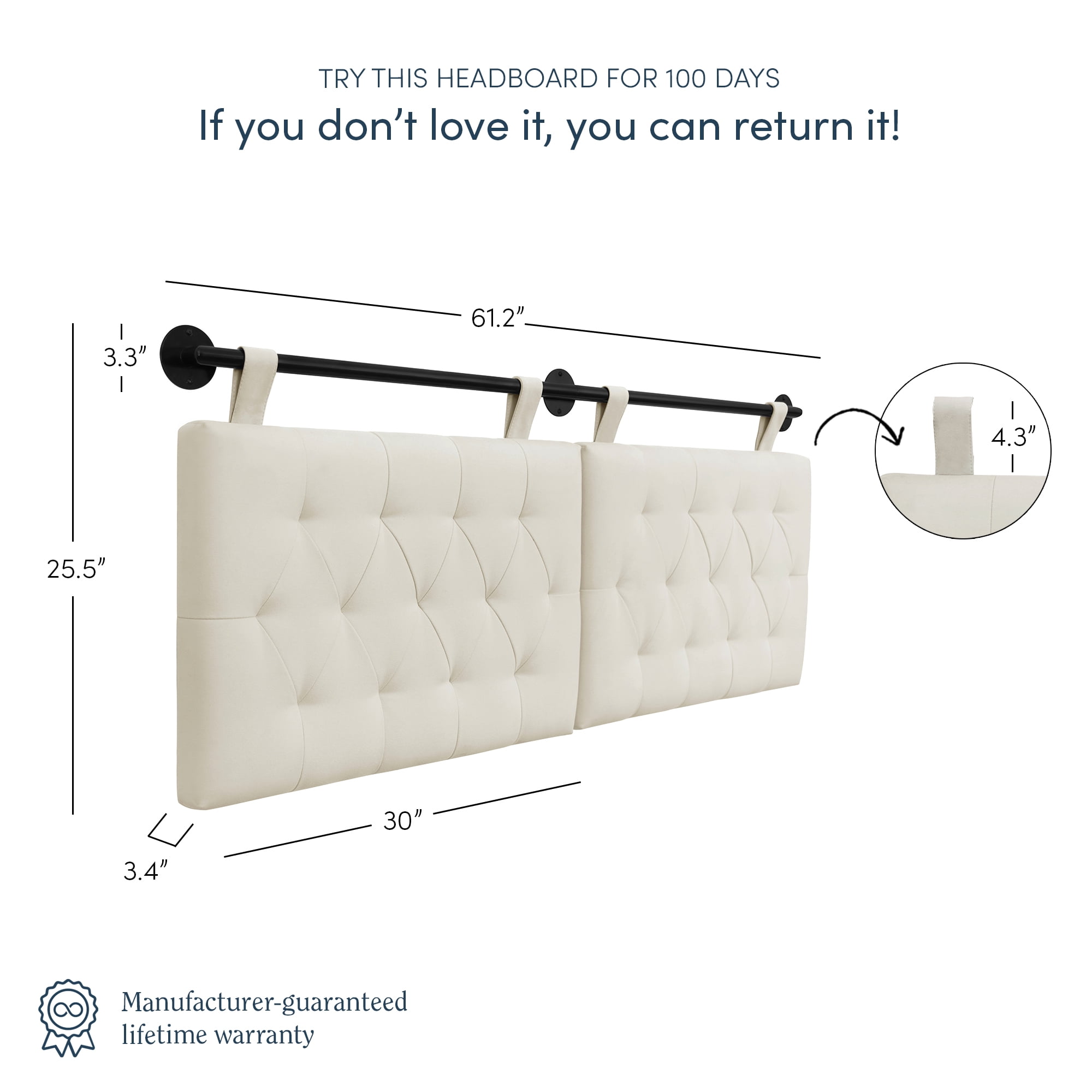 Nathan James Remi Queen Wall Mount White Button Tufted Headboard with Adjustable Straps and Black Metal Rail