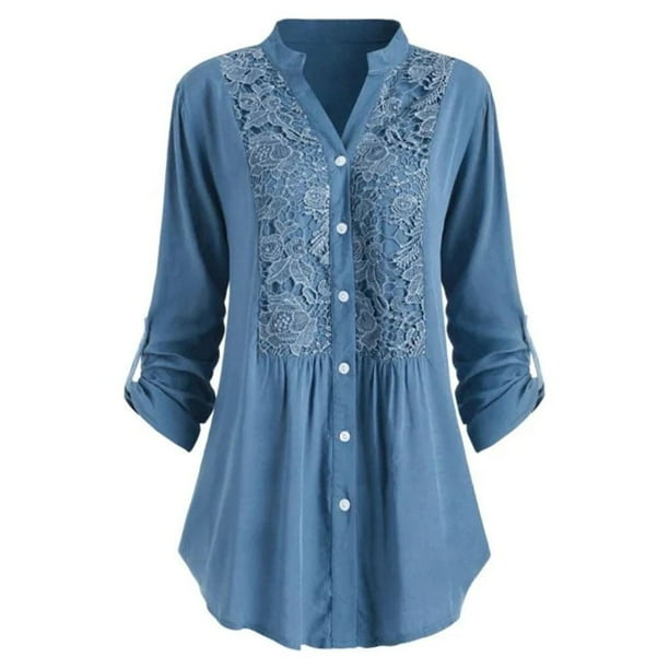 Blusa holgada tipo túnica con botones y encaje, cuello en V, manga larga y enrollable, talla grande para mujer