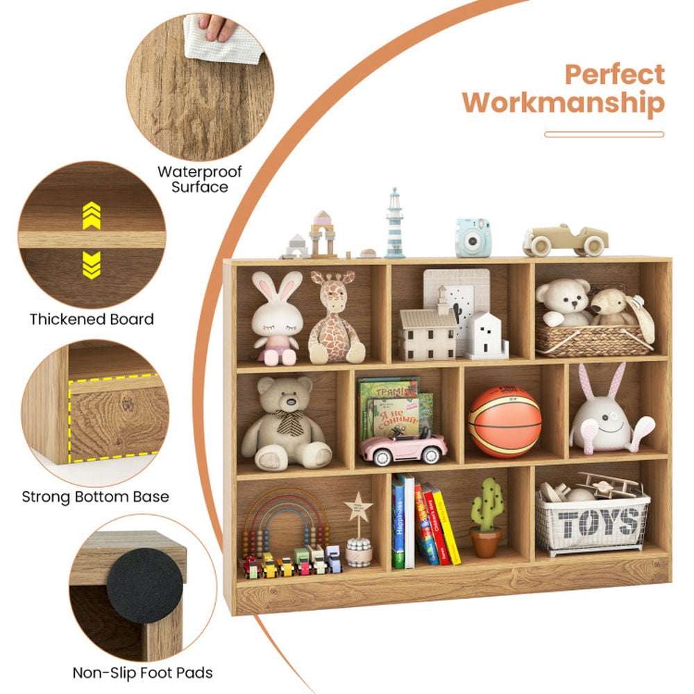 GVN Kids Bookshelf Bookcase, Toy Storage Organizer,41 inches Wooden Toy Storage Organizer with 10 Cubes for Classroom Daycare Nursery Kindergarten-Natural