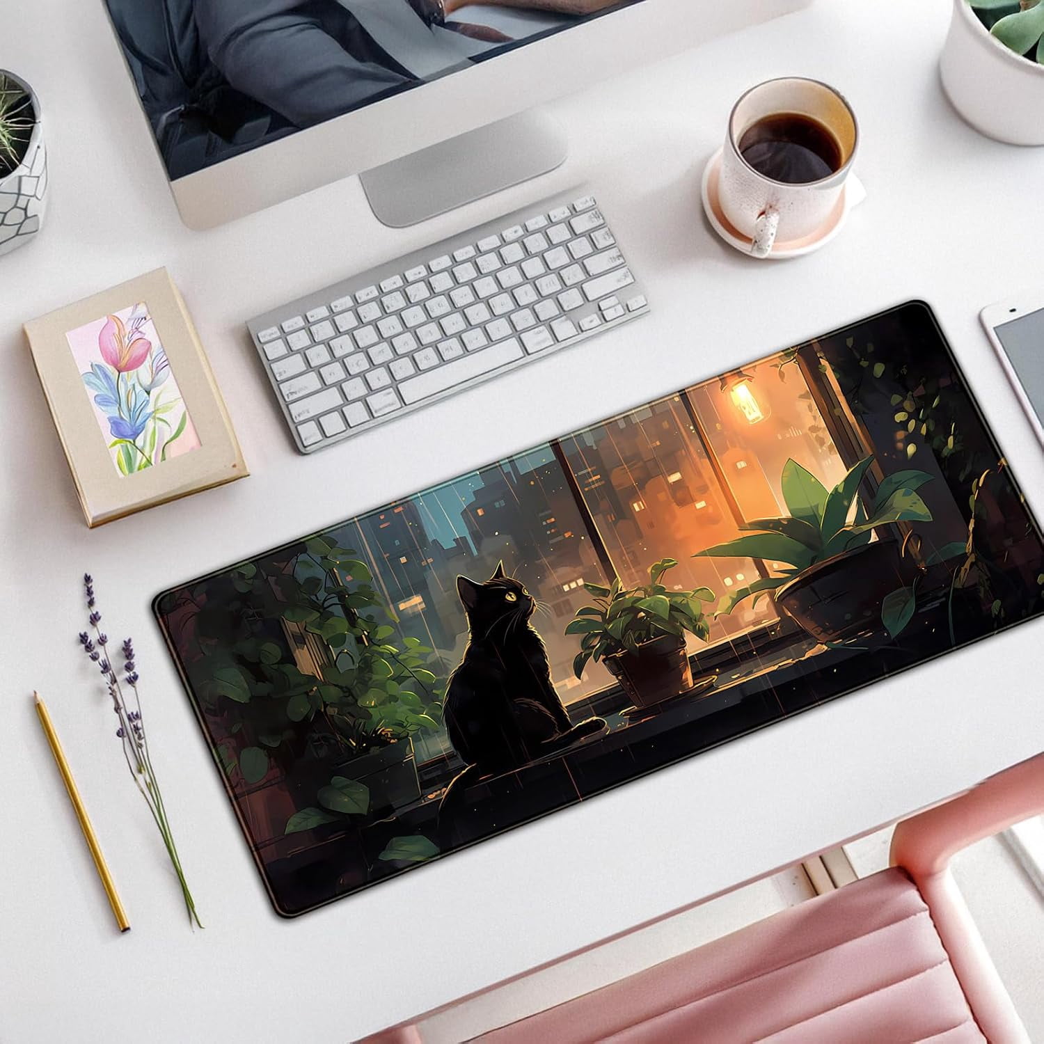 Black Cat Plants Desk Mat Large Gaming Mouse Pad 31.5''X11.8'' Extended Big Mousepad XL Cozy Lofi Desk Pad Cute Dark Academia Aesthetic Keyboard Mouse Mat Anime Office Decor Gift