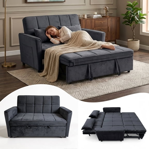 WAKEFIT 54" Pull-Out Sleeper Sofa Bed,3-in-1 Convertible Loveseat Couch with Adjustable Backrest for Small Living Room,Velvet,Black