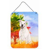 Fall White Staffie Bull Terrier Wall or Door Hanging Prints