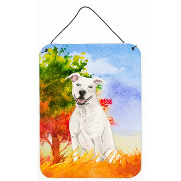 Fall White Staffie Bull Terrier Wall or Door Hanging Prints