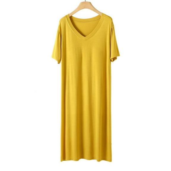 Xysaqa Womens Tank Nightgown Soft Cotton Large V Neck Sleepshirts Comfy Modal Oversized Sleepwear Short Sleeve Casual Nightshirt for Women Tshirt Dress XL 2X Summer Savings Yellow