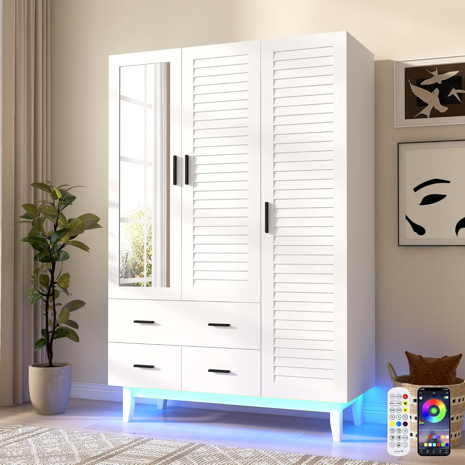 Blotout 70" Armoire Wardrobe Closet with Mirror & LED Lights, LED White Louver Door Wardrobe Armoire with 3 Drawers & Hanging Rods, Large 3 Doors Armoire Storage with Multi-Layer Shelves