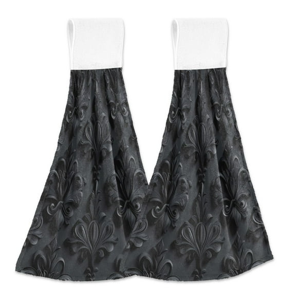 2 Pcs Kitchen Hand Towels with Hanging Loops Absorbent Soft Fast Drying Decor Bath Towels 3d Dark Black Damask
