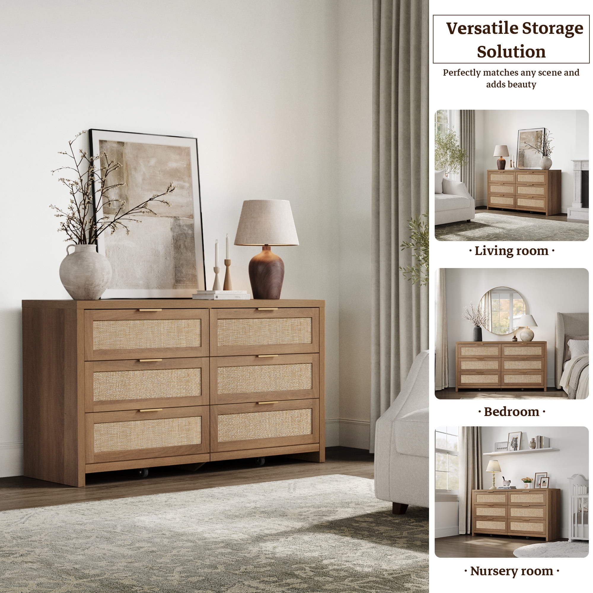 Surmoby Boho Dresser Set - 56.85" Wide 6-Drawer Storage with Rattan & Gold Handles for Master Bedroom or Living Room (Heavy Duty, Easy Assembly)