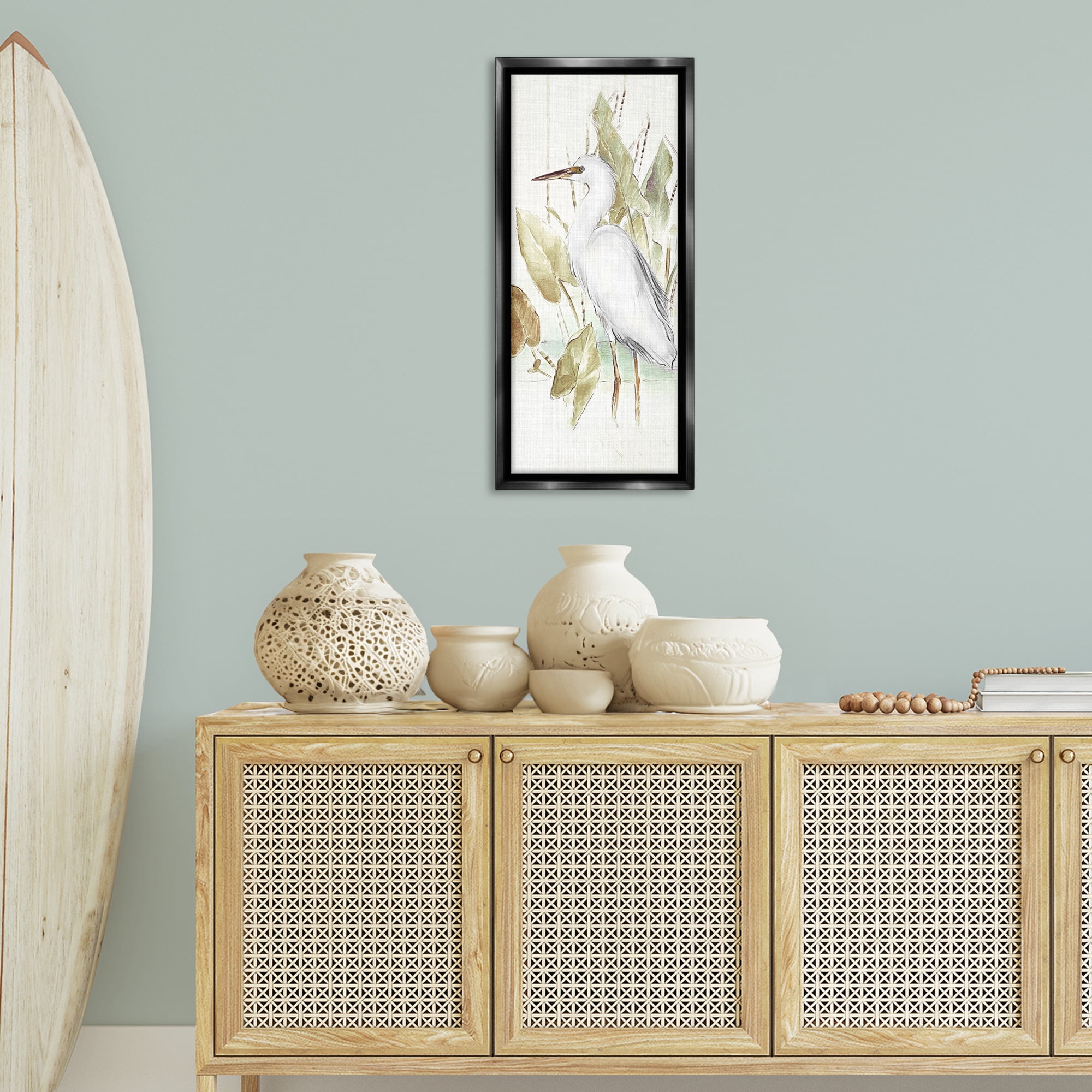Stupell Industries Egret in Lake Drawing Animals & Insects Drawing Black Floater Framed Canvas Art Print Wall Art, 15 x 31