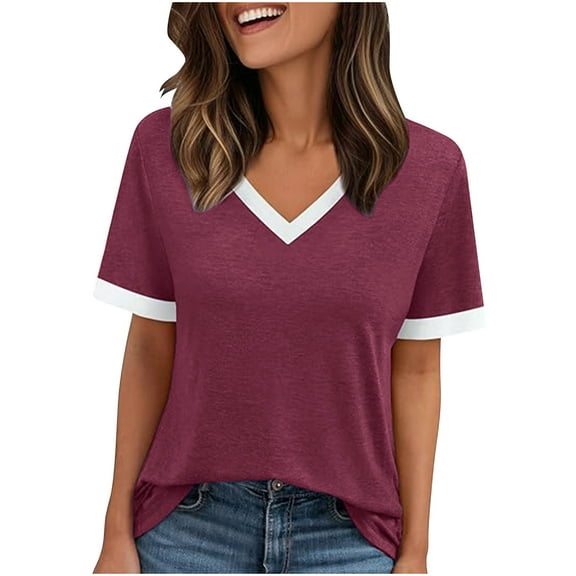 AherBiu Short Sleeve Tops for Women Color Blocked V Neck Summer Tees Stretch Comfy Basic Top Tshirt Blouse