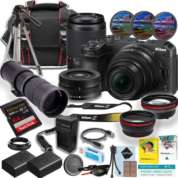 Nikon Z30 Mirrorless Camera w/ Z DX 16-50mm f/3.5-6.3 VR, Z DX 50-250mm f/4.5-6.3 VR & 420-800 Telephoto Lens   64GB Extreme Pro Memory Card   Tripod   Case   (18pc Bundle) (International Version)