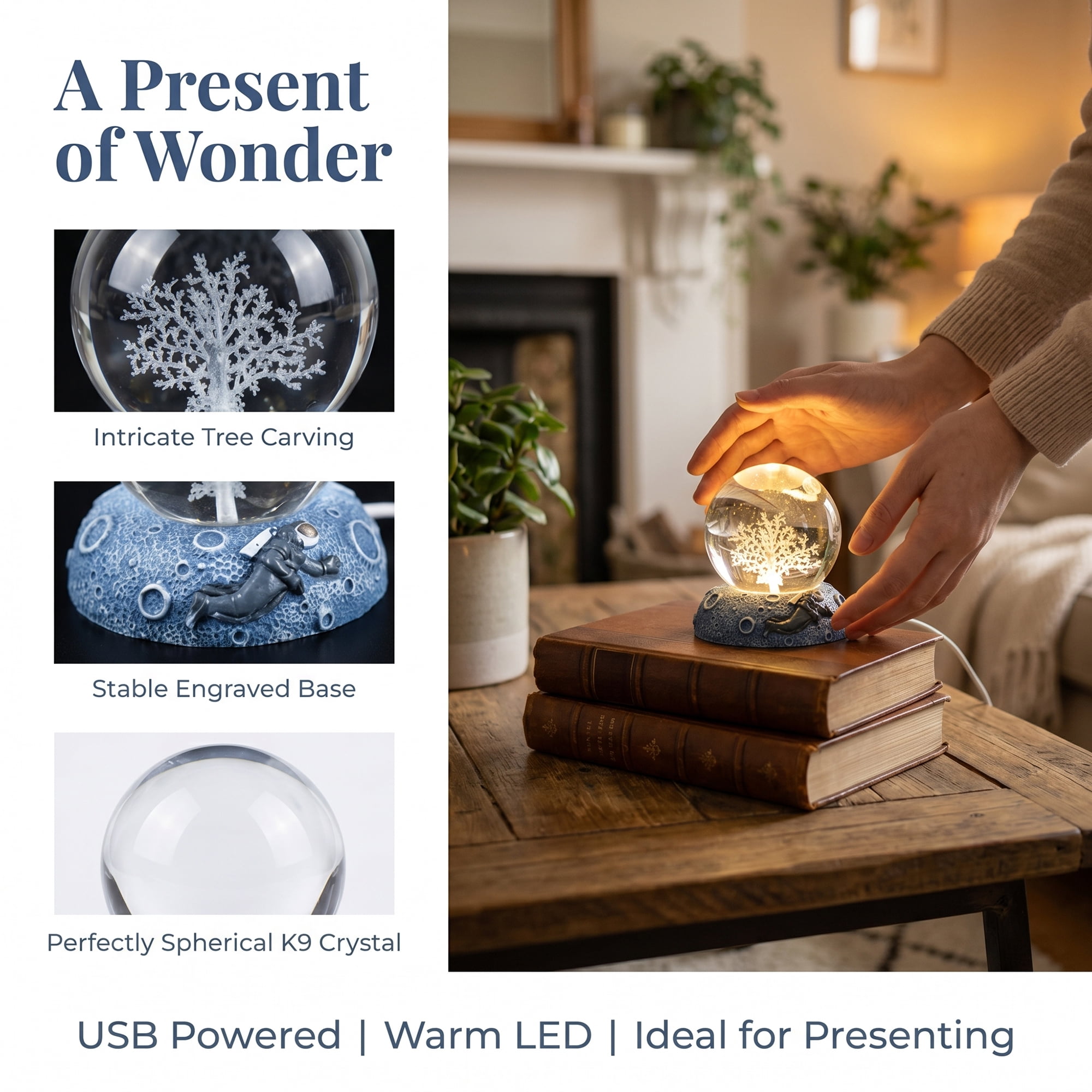 Unique Bargains Glowing Crystal Ball 3D Glass Ornament with LED Light Base Beige Style H