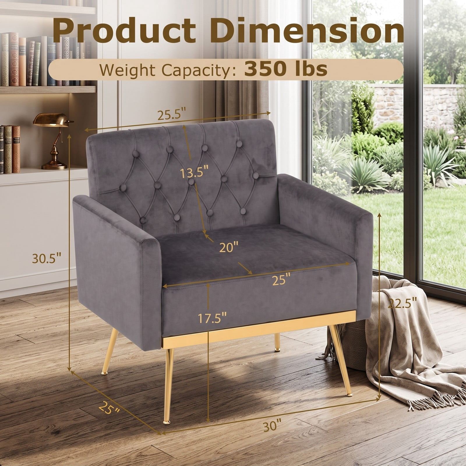 Furnibear Modern Velvet Accent Chair, Upholstered Button-Tufted Single Sofa Armchair with Adjustable Feet and Metal Legs for Living Room Bedroom Office, 350 lbs, Gray