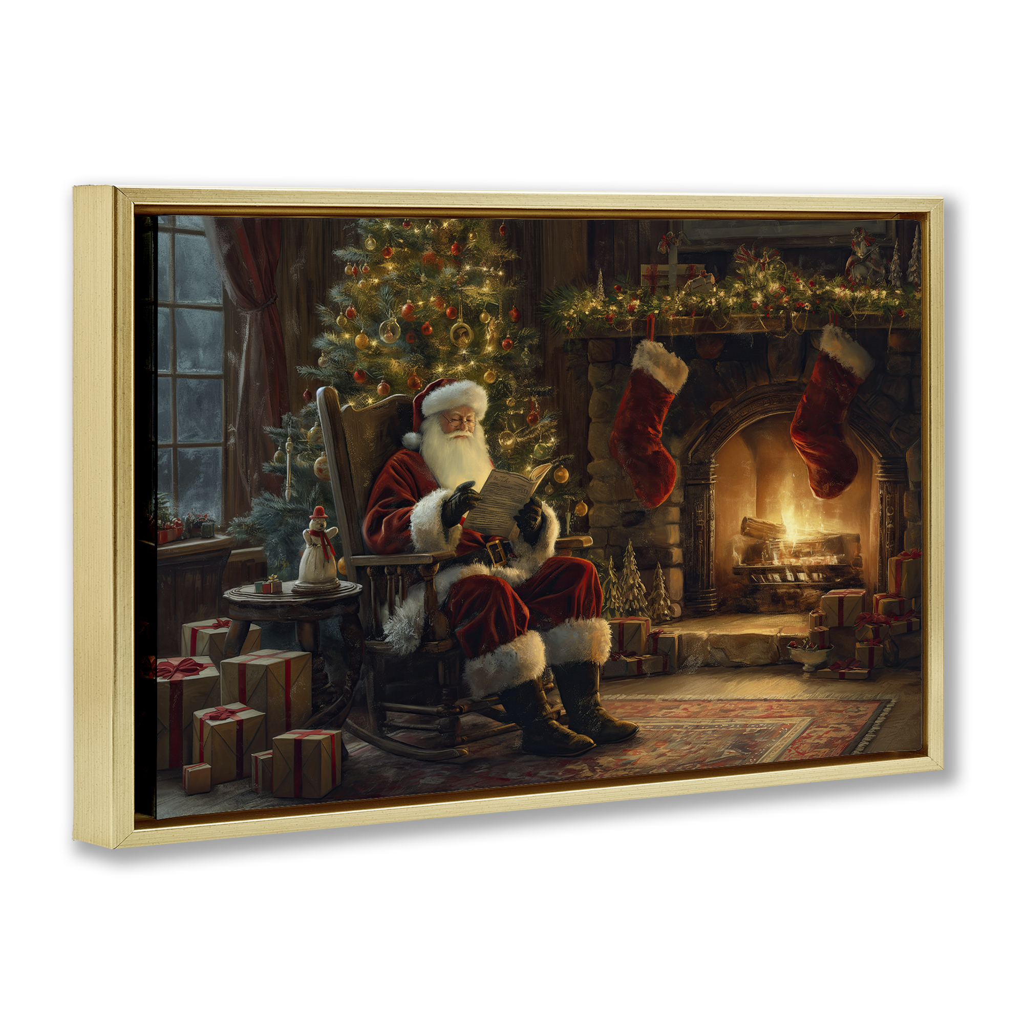 Stupell Industries Santa Claus by Fire Holiday Painting Gold Floater Framed Canvas Art Prints Wall Art, 25 x 17