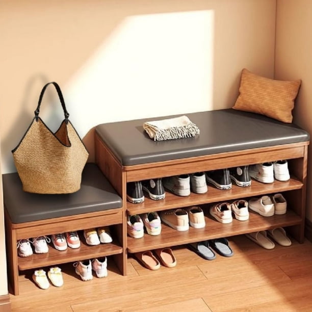 Zapatera de 3 niveles madera con cojín blando 120 x 32 x 52 cm para entrada sala de estar marrón oscuro