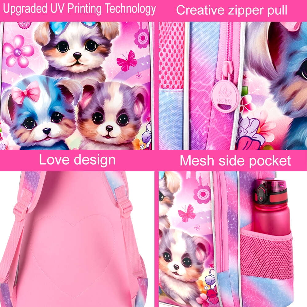 AGSDON 3PCS Backpacks for Girls, 16" Elementary Kids Cute Dog Backpack Preschool School Bookbags and Lunch Box