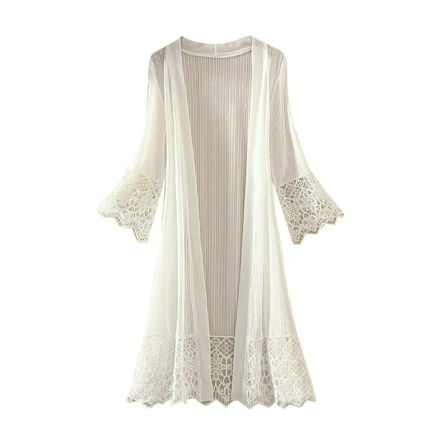 Women Solid Color Lace Cardigan Open Front Shrug Hollow Patchwork Sheer Short Sleeve Long Cover-Up Blouse Tops
