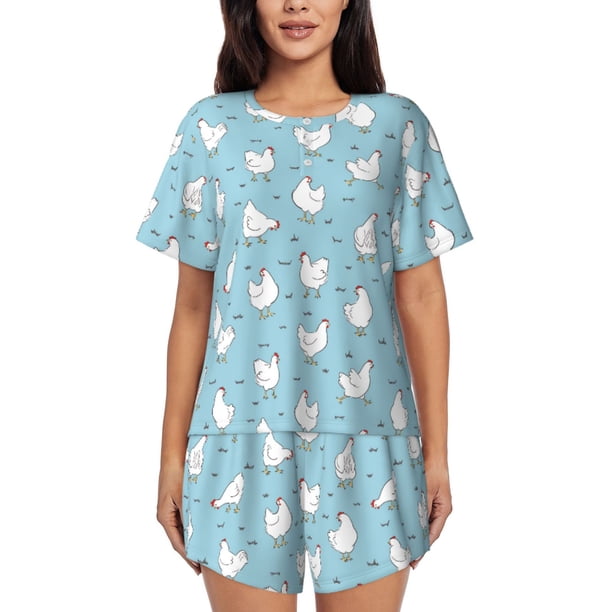 Fotbe Funny Chicken Conjunto de Pijama Estampado para Mujer, 2 Piezas, Ropa de Dormir con Camiseta de Manga Corta y Shorts Suaves-X-Large