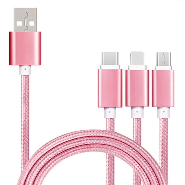 Methold Cable de carga USB 3 en 1, Cable de datos tipo C tejido de nailon, Cable de carga para Cargadores de dispositivos electrónicos específicos rosa dorada