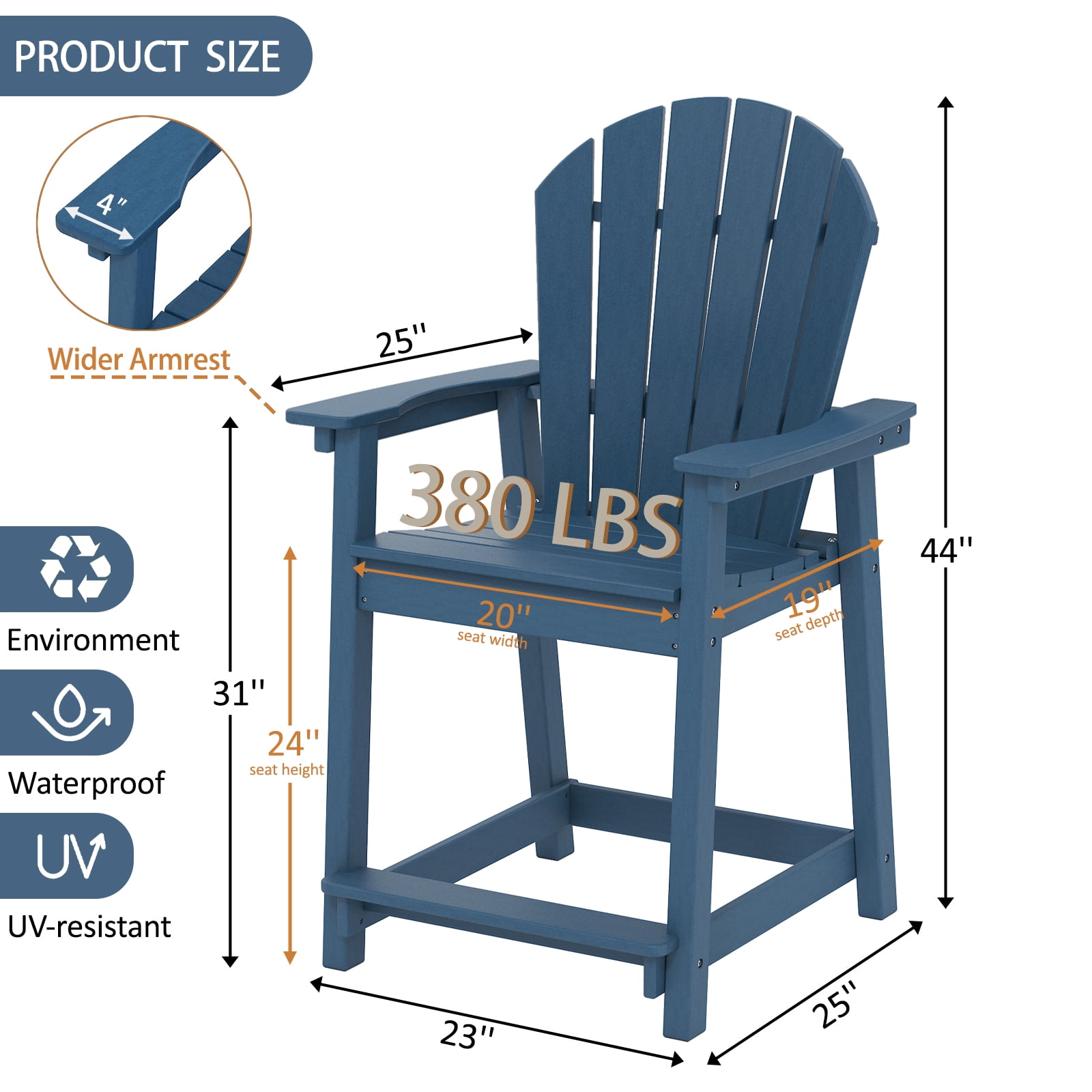 OTSUN Tall Modern Adirondack Chair, All Weather HDPE Bar Height Adirondack Stools Widened Durable Design for Porch Patio Yard Lawn Fire Pit Bistro Basement Indoors & Outdoors