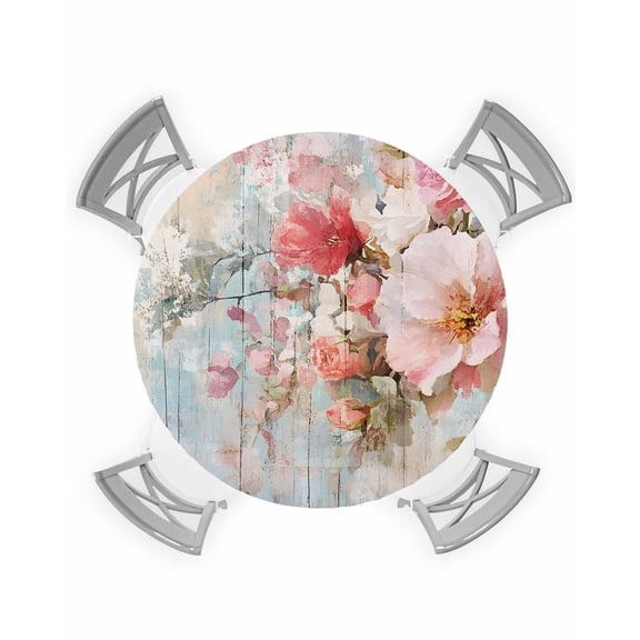 nqOlkjepod Pink Floral Round Tablecloth, Fitted Table Cover with Elastic for 45"-54" Round Tables, Pastoral Flower Garden Vintage Wooden Grain Table Cloth Dinning Party Waterproof Tablecloths