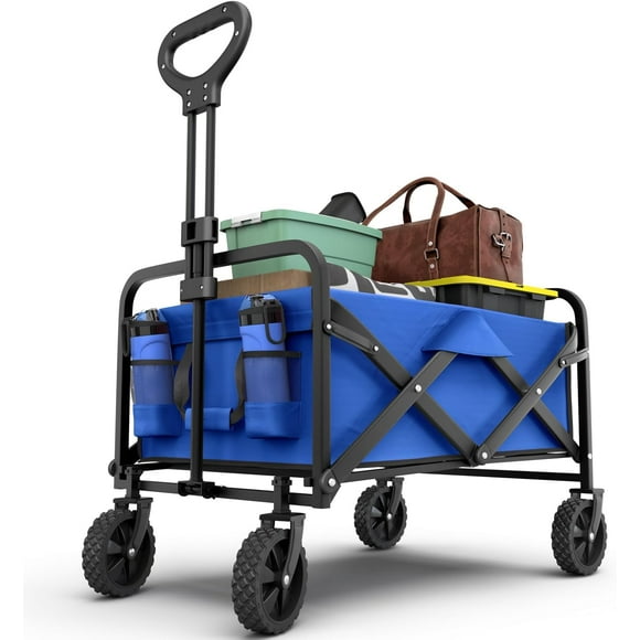 QRInnovations Collapsible Foldable Heavy Duty Utility Wagon Cart with Larger Capacity - Perfect for Shopping, Sports Events, Grocery, Moving, Camping, Laundry, Beach - Bule