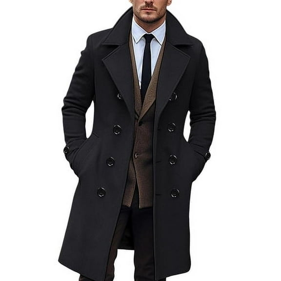 Skymirror Men Long Woolen Coat Lapel Long Sleeve Solid Color Windbreaker Pockets Double Breasted Solid Color Mid-length Outwear