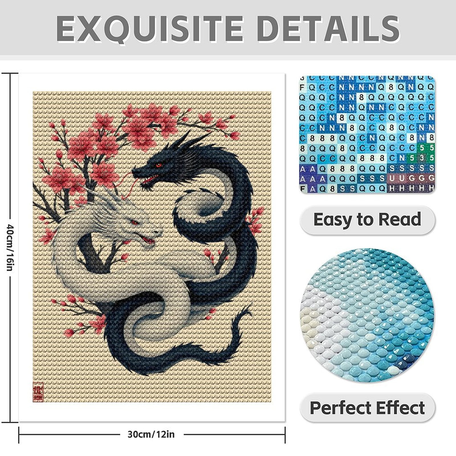 Diamond Art Kit for Adults, Dragon Yin Yang Cherry Blossoms Diamond Painting for Adults Beginners, 5D DIY Diamond Art Painting Kits, Colorful Diamond Painting Craft for Home Decor 12x16