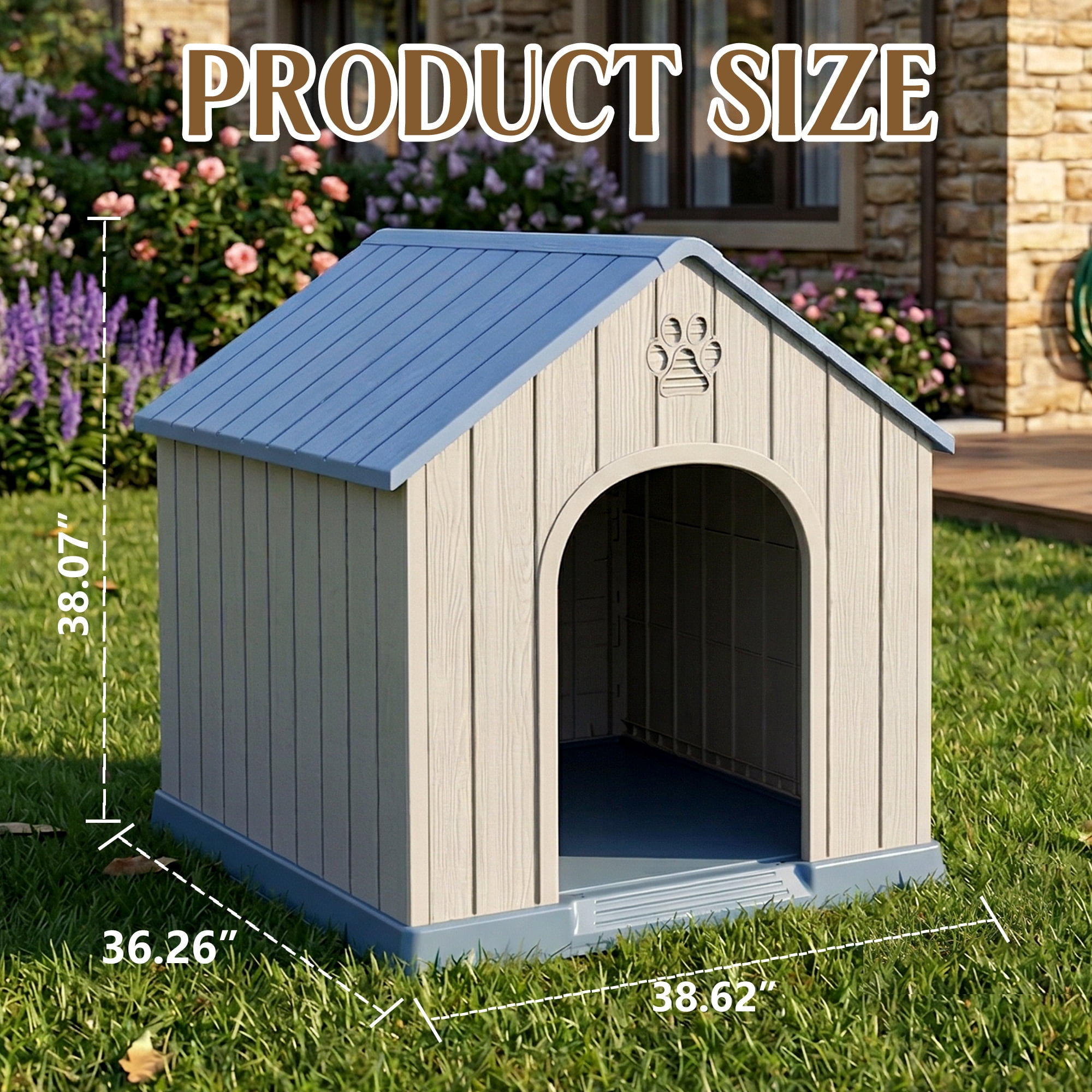 fazzn Durable Waterproof Resin Dog House for Small to Large Sized Dogs, Indoor Outdoor Doghouse Puppy Shelter with Elevated Floor, Easy to Assemble .Blue/Brown,Father's Day Gift