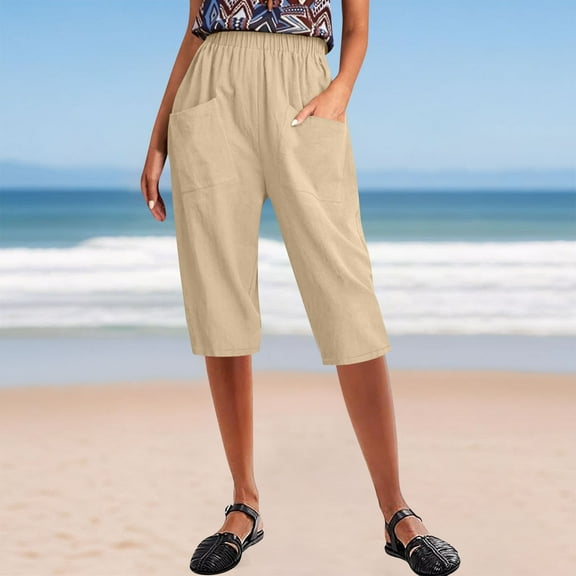 Yotami Women's High Waist Linen Blend Cropped Pants with Pocket Elastic Waist Straight Leg Loose Capri Pants Solid Color Lightweight Capris, Khaki S