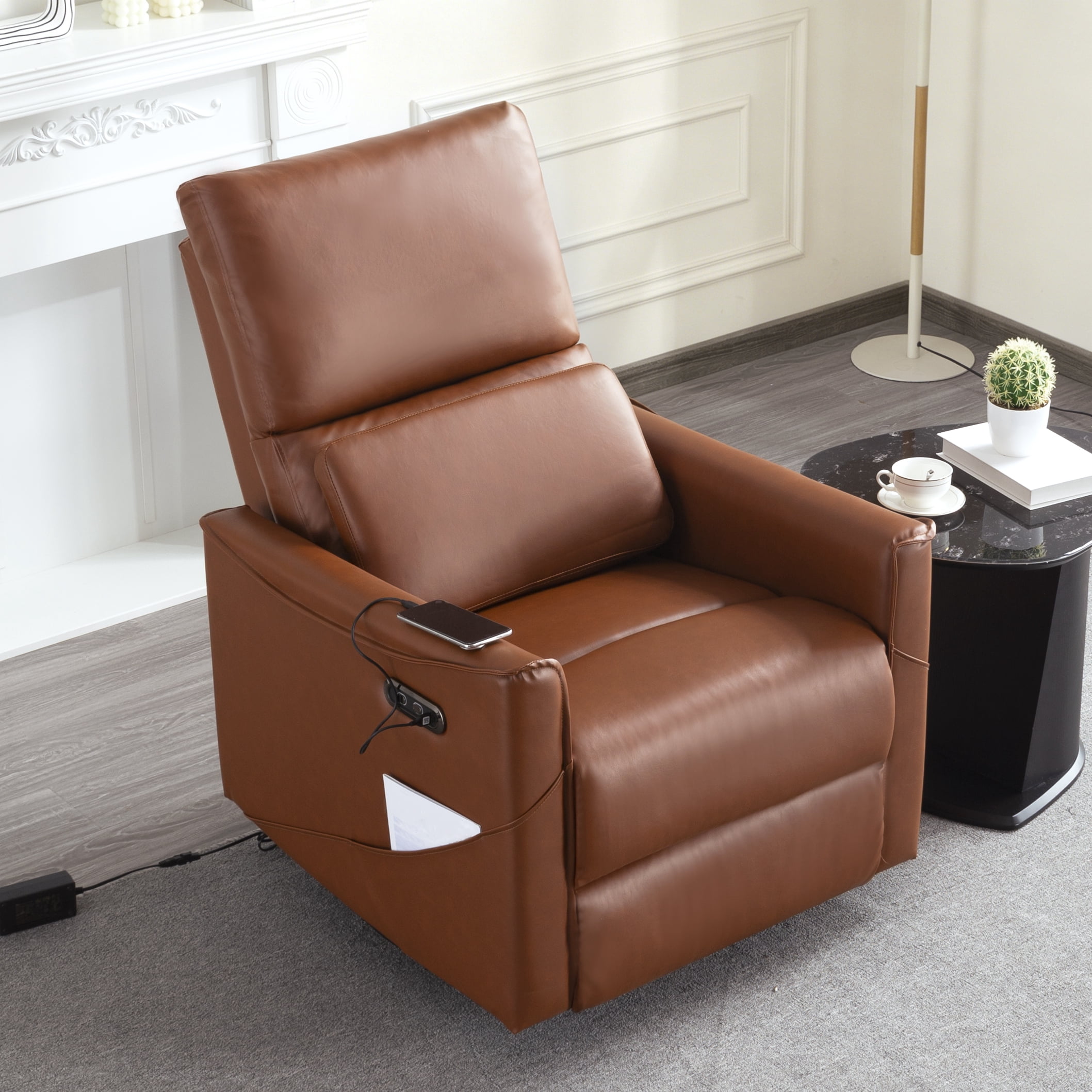Gewnee 29.13"Power Rocking Recliner Chair,360°Swivel Recliner Chair with USB & Type-C Ports,Adjustable Reclining Positions,PU Swivel Recliner for Living Room,Office,Bedroom.Brown