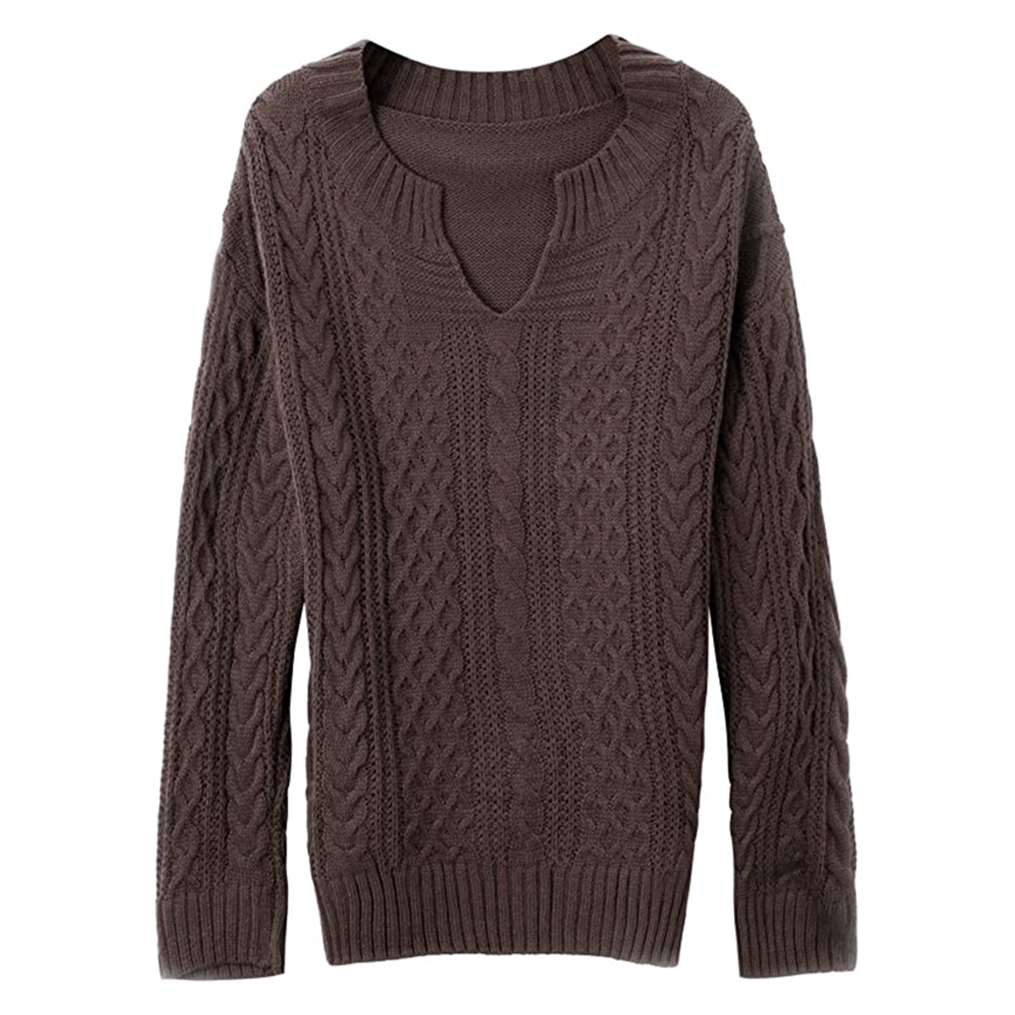 Grianlook V Neck Sweaters for Women Casual Cable Knit Sweater Pullover Jumper Tops Long Sleeve Knitwear Outwear Khaki 3XL