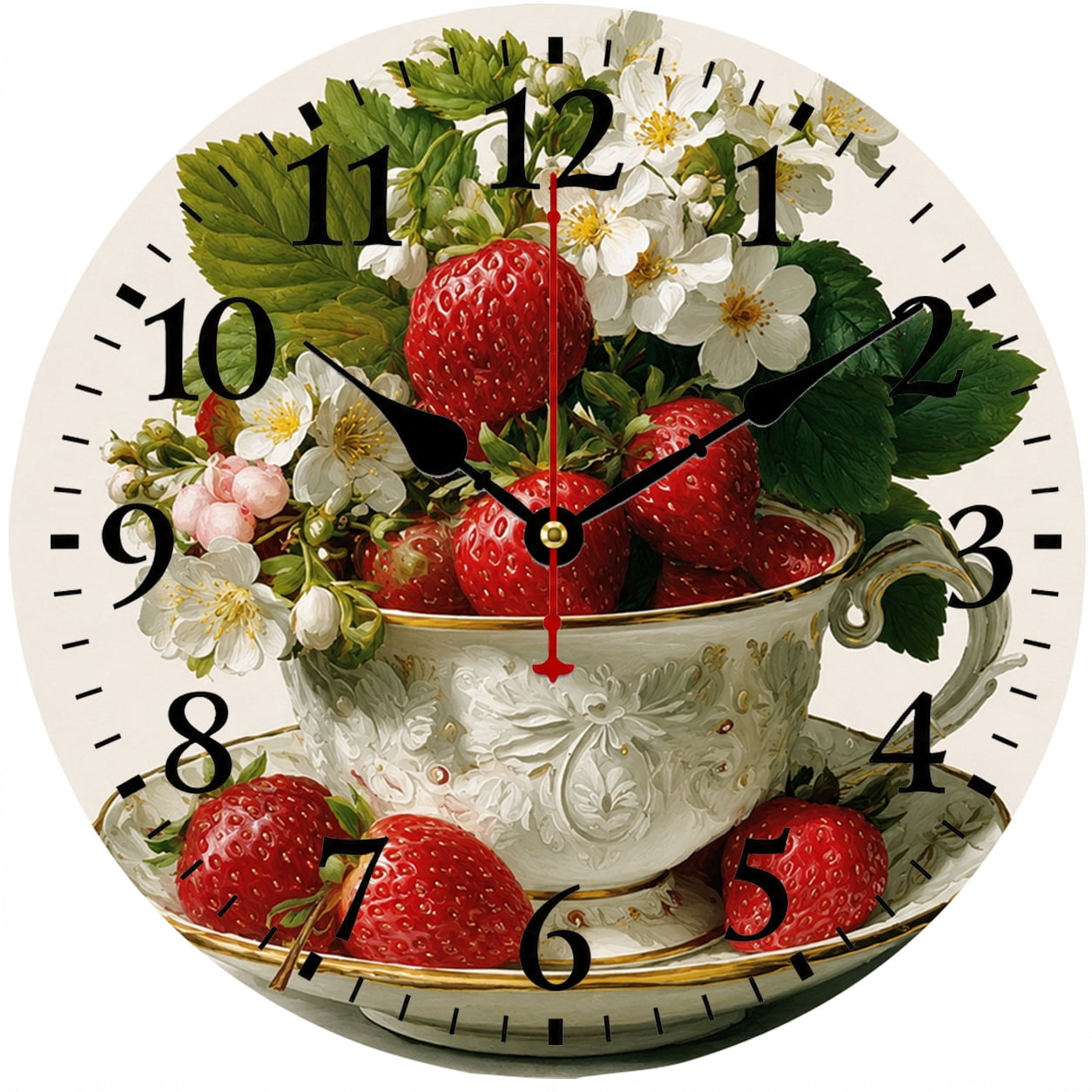 CozyHour Strawberry Floral Wall Clock, 9.84 Inch Round Analog Kitchen Clock with Large Numbers, Vintage Teacup Fruit Decor for Dining Room
