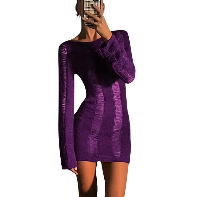 Femmes Évider Mini Robe Manches Longues Bodycon Maille Courte Enveloppé Robe Backless Clubwear