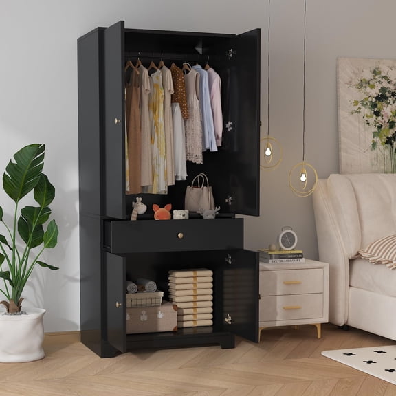 71 inch Freestanding Armoire Wardrobe Closet Bedroom Clothing Storage Cabinet with Doors Hanging Space and Shelves for Home Office Black White
