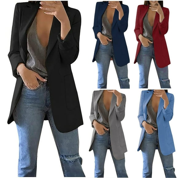 Feancey Womens Plus Size Blazers Dressy Casual Business Work Jackets Notch Lapel Long Sleeve Elegant Suit Jacket with Pockets Blue S