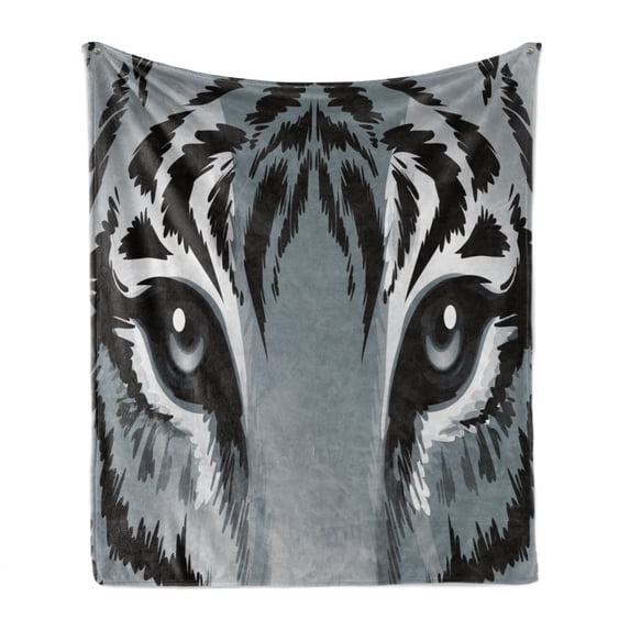 Eye Soft Flannel Fleece Throw Blanket, Tiger Sharp Eyes Monochrome Wildlife Animal Illustration Felidae Carnivore, Cozy Plush for Indoor and Outdoor Use, 50" x 70", Grey Black White, by Ambesonne