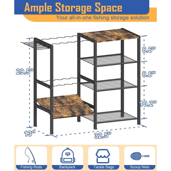 Fishing Rod Holder Stand with 4 Tier Storage, Multi-Function Hook for Garage Entryway Corner