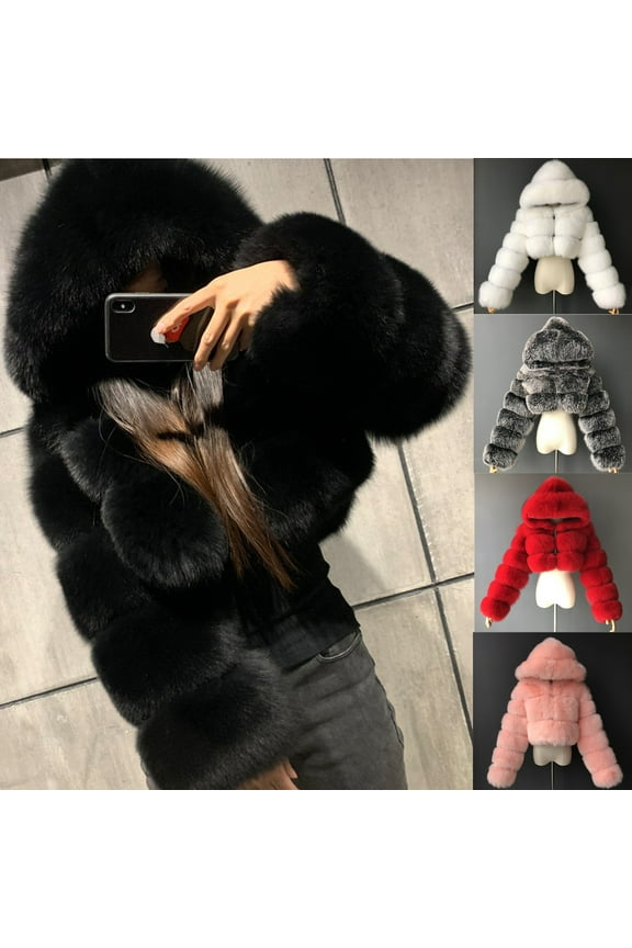Faux Fur Jacket Women Cropped Thicken Winter Warm Fluffy Hooded Coat Fashion Long Sleeve Faux Furry Jacket Outerwear Dark Gray,XXL