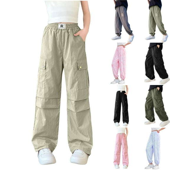 lcziwo Cargo Pants for Girls Outdoor Lightweight Hiking Sport Trousers Teen Fashion Streetwear Straight Leg Sweatpants, Army Green, 6 Years