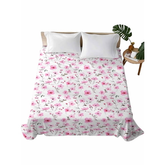 Pink Spring Floral Flat Sheets Only Twin XL Size, Soft Breathable Bed Top Sheets for Mattress, Summer Botanical Elegant Luxury Bedding Flat Sheets for Home Hotel Bedroom Bed Protection