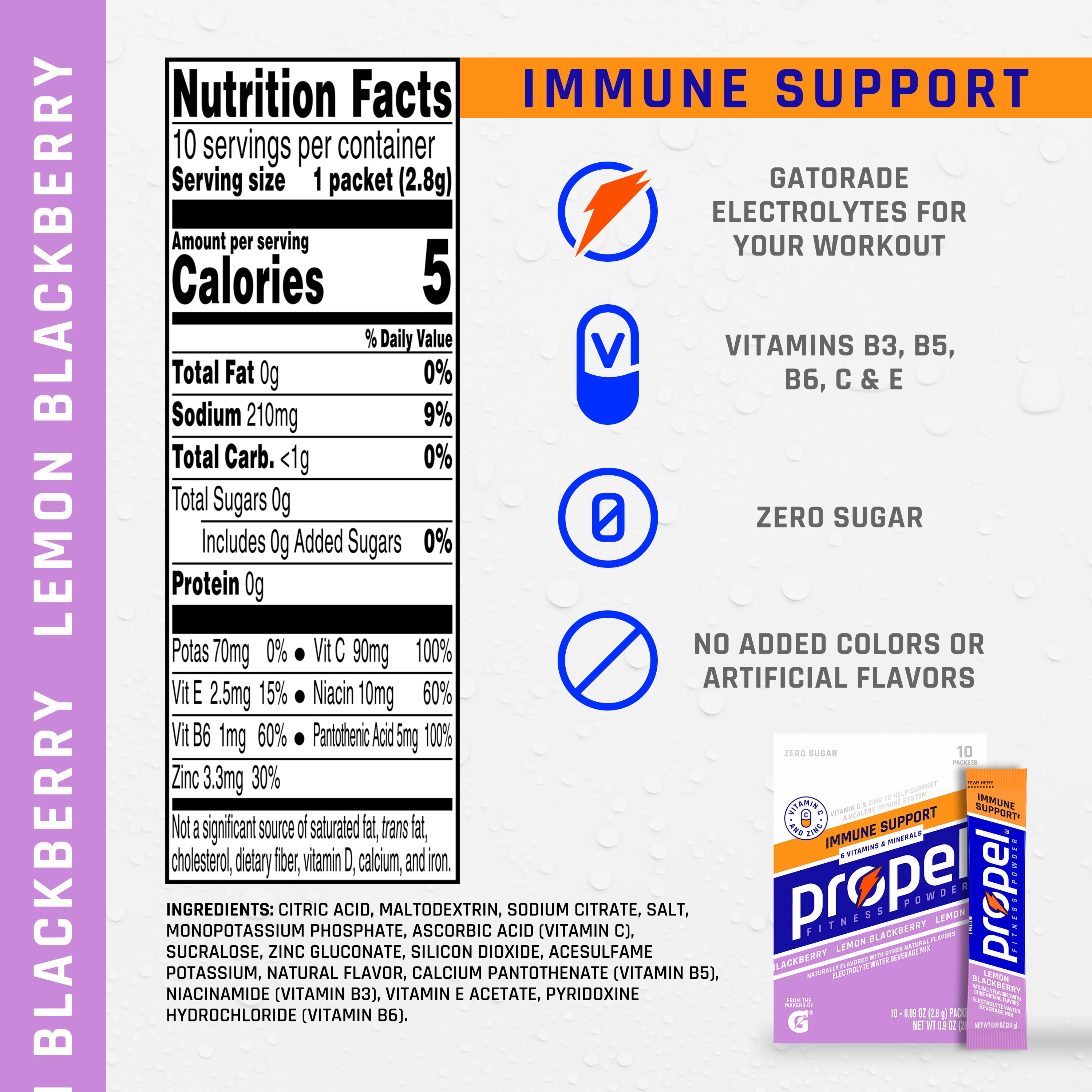 (12 pack) Propel Immune Support Electrolyte Lemon Blackberry, Powered Energy Drink Mix Powder, 0.9 oz, 10 Count Packets