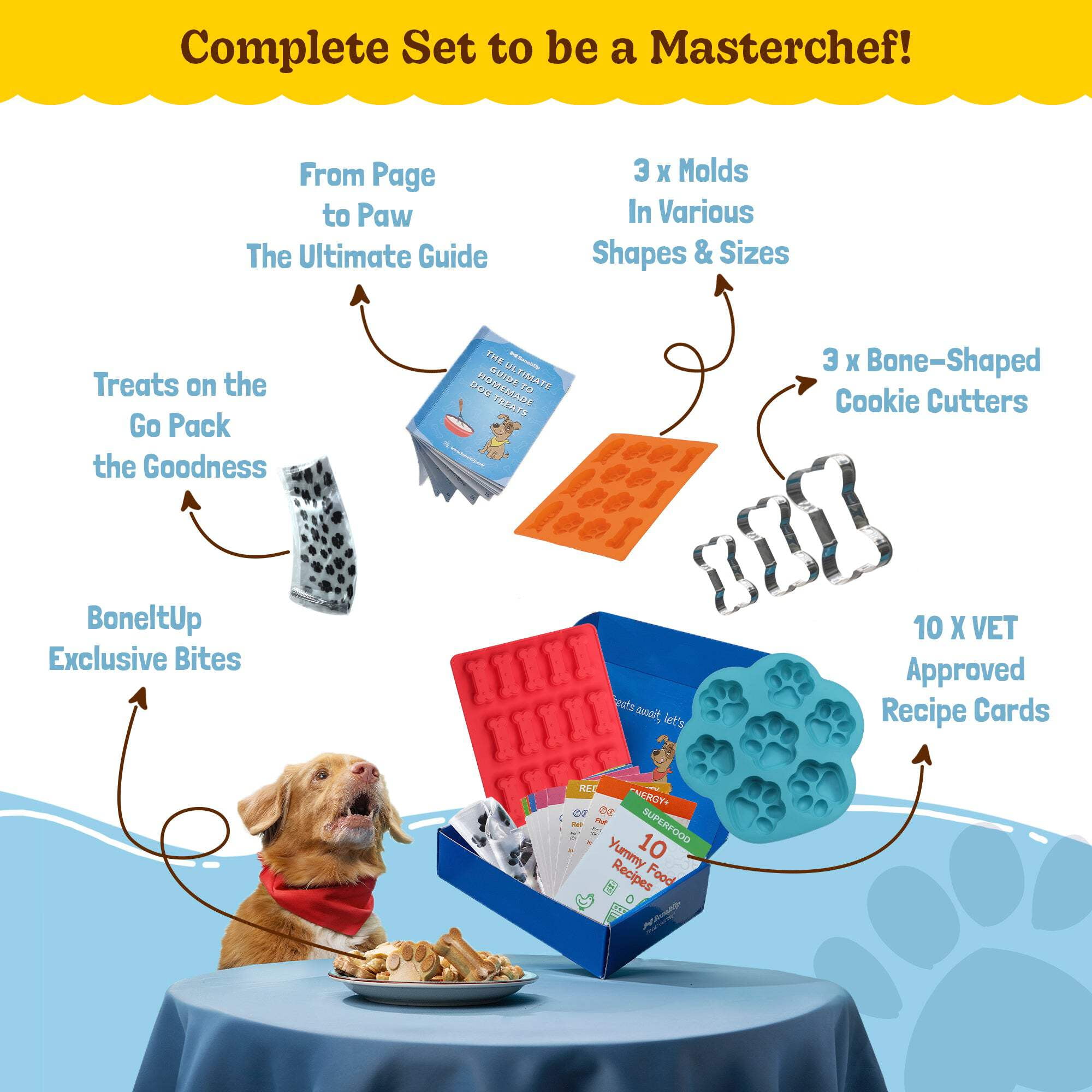 BoneItUp Homemade Dog Treat Mix – DIY Dog Treat Kit with Silicone Molds, Cookie Cutters, Recipe Book & Gift Bags – Bake Fresh Treats at Home, XL for Big Dogs