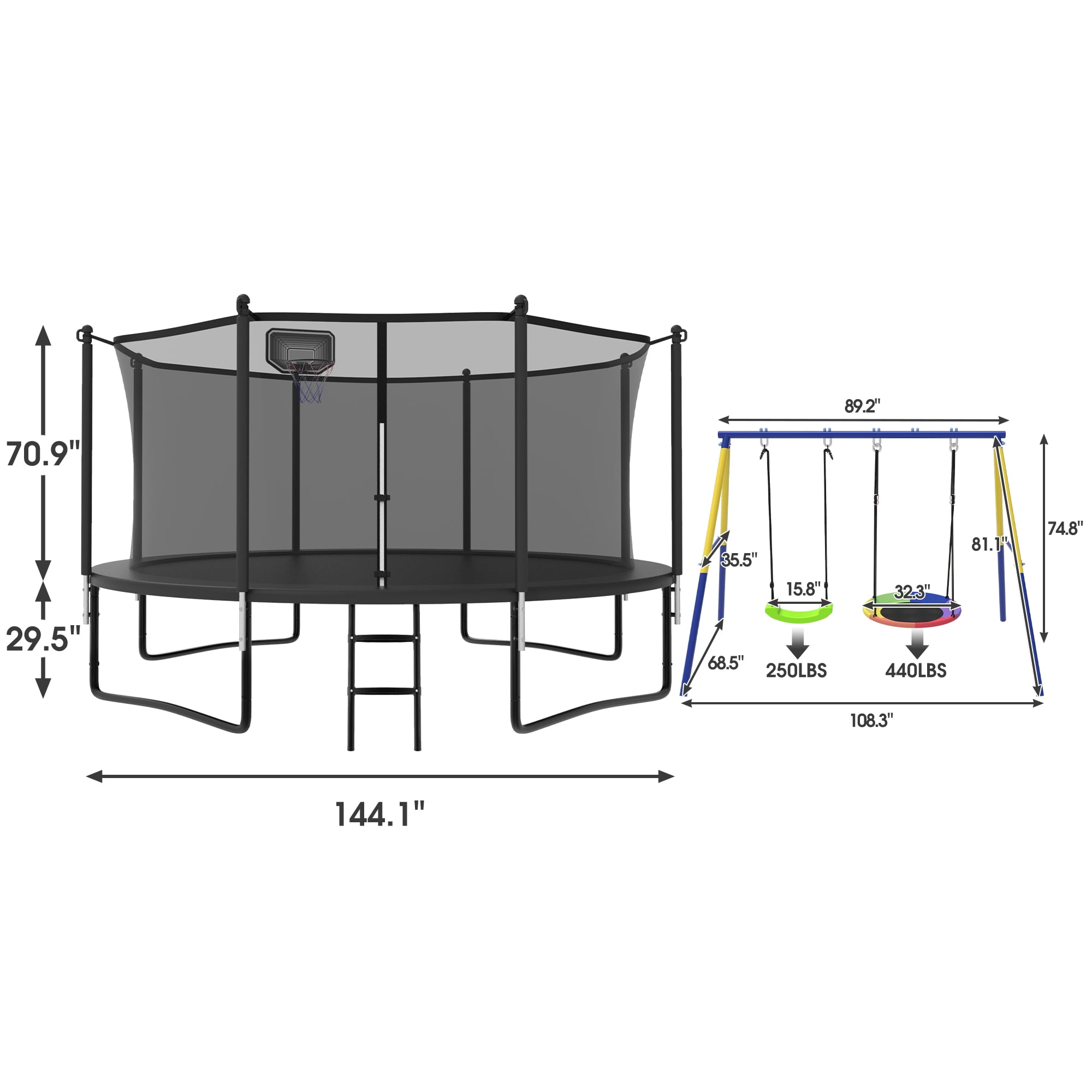 YORIN Trampoline, 1200LBS 12FT Trampoline for 4-5 Adults/ Kids, with Enclosure Net, Metal Swing, Basketball Hoop, Ladder, Galvanized Outdoor Anti-Rust Heavy Duty Round Recreational Trampoline