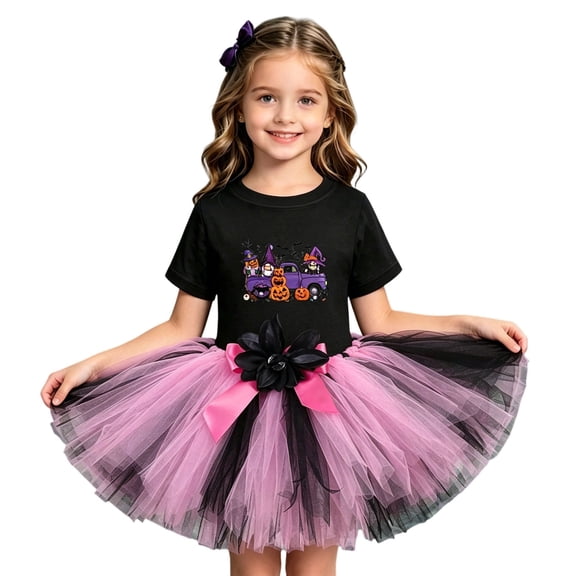 XIYON Toddler Girl Clothes Halloween Cute Short Sleeve Top And Skirt Outfit Set For Dress Up And Parties 3 -4 Years