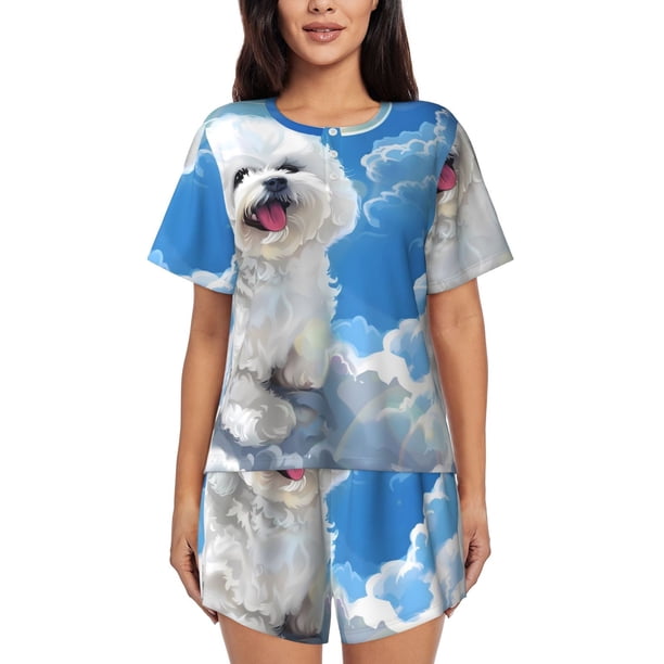 Fotbe Cute Cloud Bichon Frise Conjunto de Pijama Estampado para Mujer, 2 Piezas, Ropa de Dormir con Camiseta de Manga Corta y Shorts Suaves-4X-Large