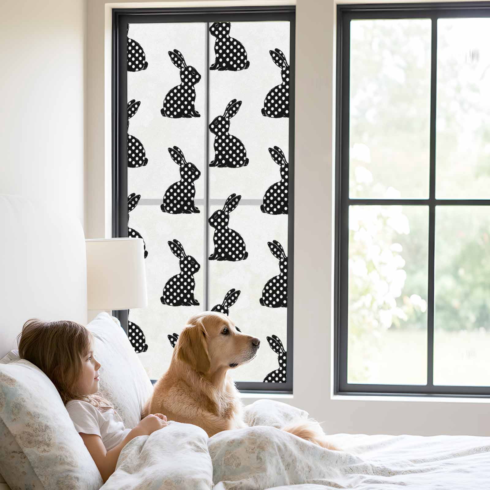 Easter Rabbit Window Privacy Film, Polka Dots Bunny Frosted Glass Window Clings Static Cling UV Heat Blocking Reusable Door Sticker for Bathroom 23.6 x 59 Inch