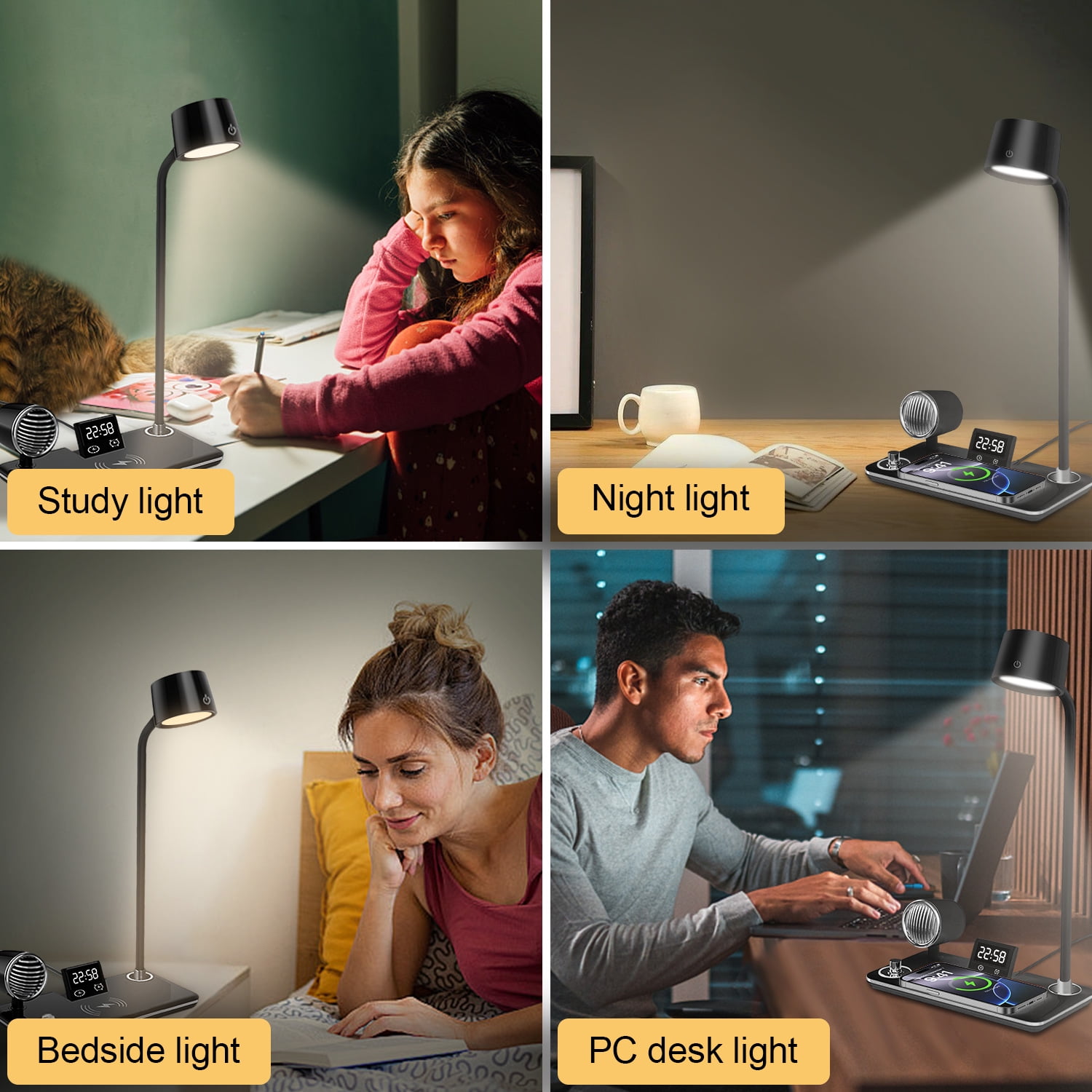 LED Desk Lamp, 4 in 1 Multifunction Table Lamp with Wireless Charger, Bluetooth Speaker Digital Clock, 360° Adjustable Gooseneck Arm with 3 Color Modes Dimmable Lamp for Home Office Bedroom, Black