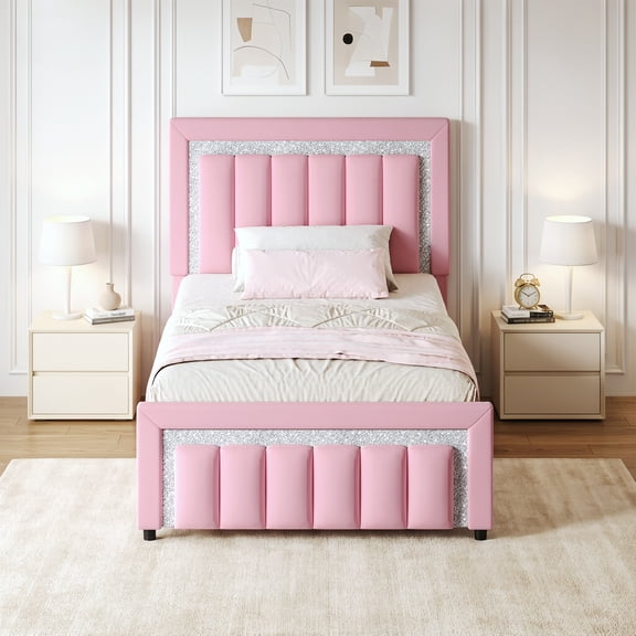 4 Ever Winner Twin Bed Frame, Velvet Upholstered Bed Frame with Diamond Headboard and Footboard, Pink Bed Frame Twin Size , Princess Bed, Pink