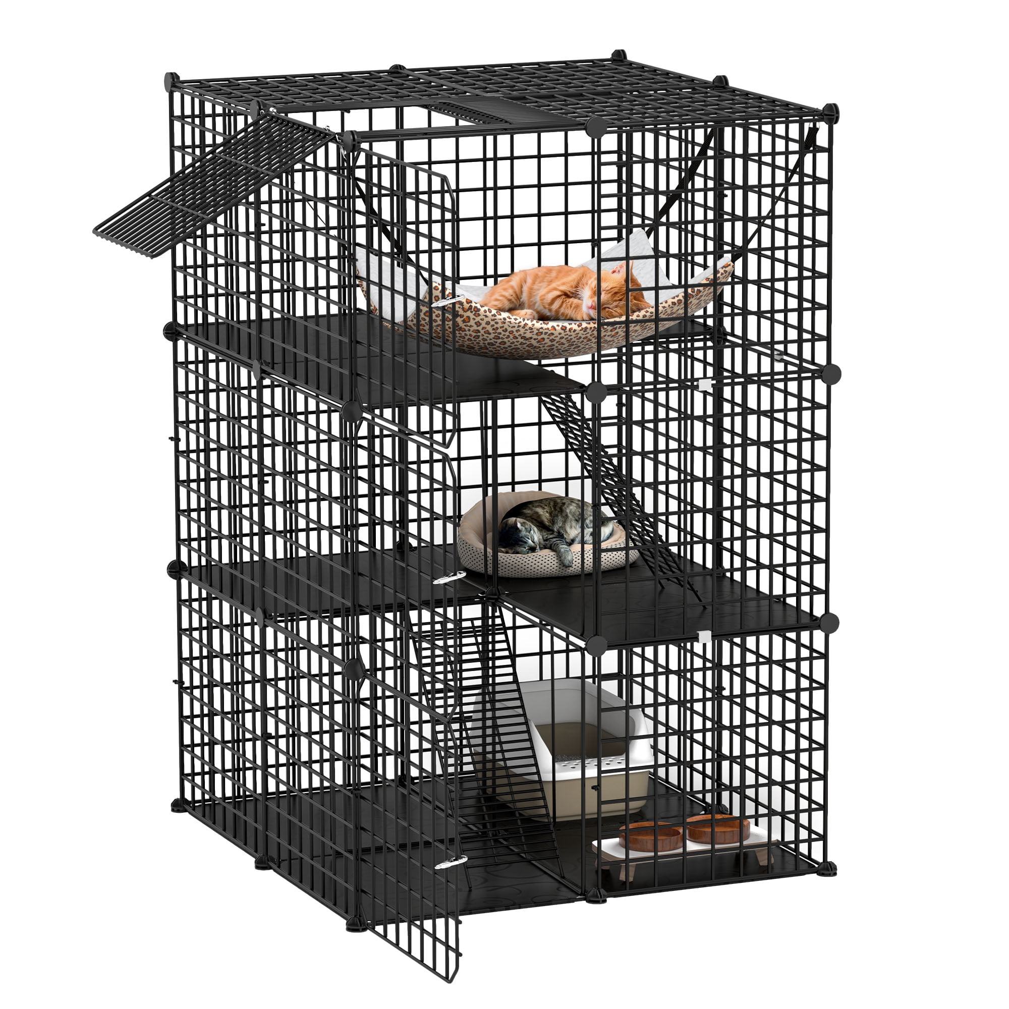 Uforic 41"Large 3 Tier Cat Cage, Indoor Cat Enclosures with Extra Large Hammock, DIY Cat Playpen Metal Kennel for 1-2 Cats,28"L x 28"W x 41"H,Black