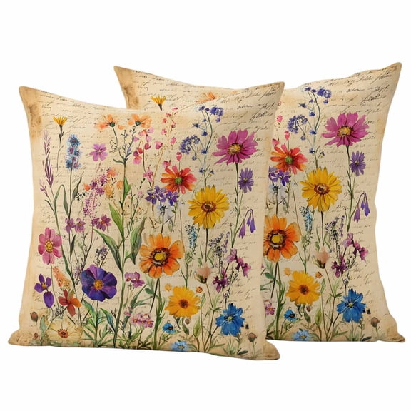 Vintage Spring Floral Outdoor Waterproof Pillow Covers, Summer Botanical Pastoral Flowers Decorative Square Throw Pillowcase Sofa Cushion Sham for Patio/Couch/Chair, 16"x16" 2 Pack